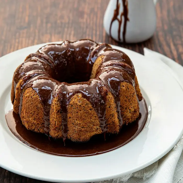 A cake finished with dark chocolate glaze