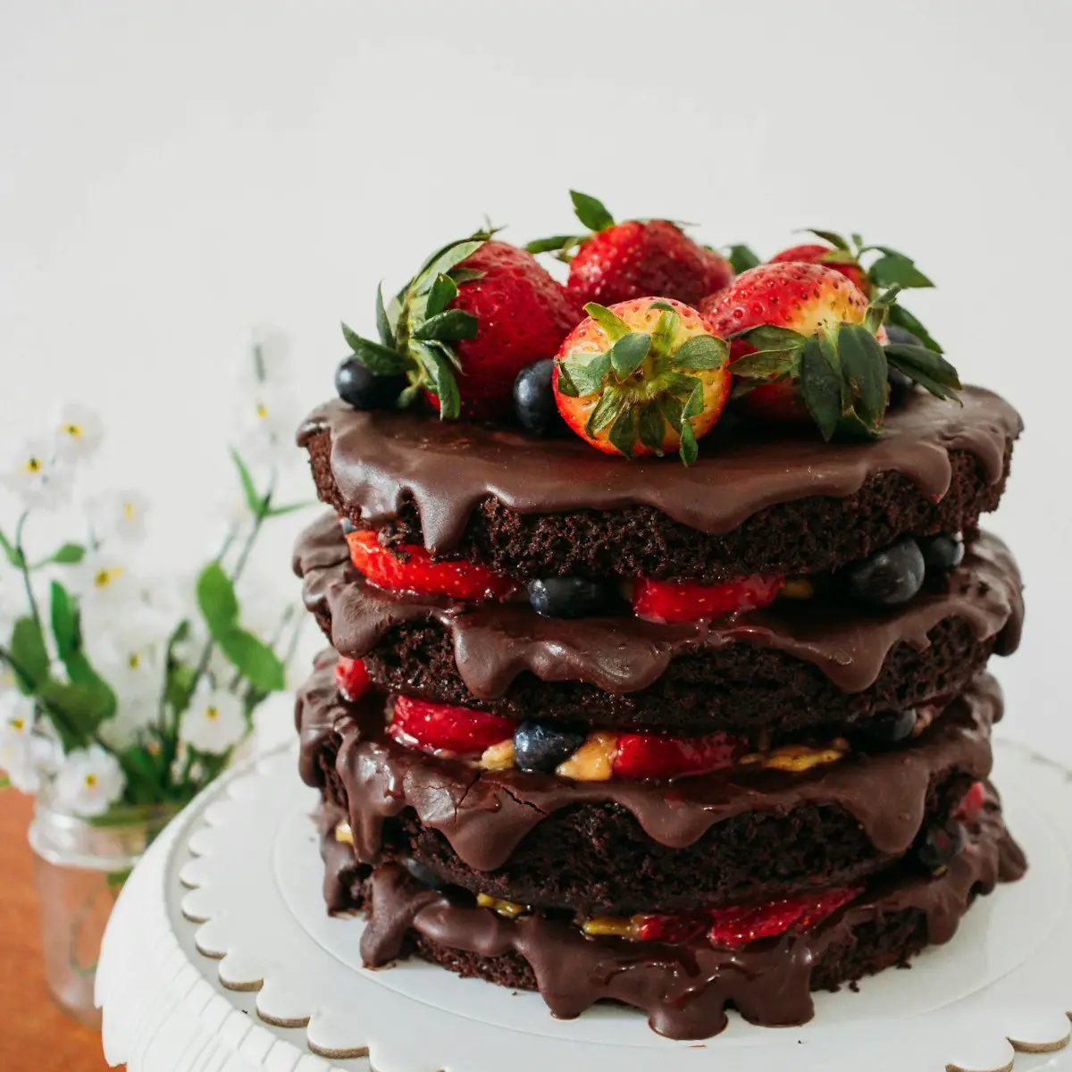 Chocolate & Strawberry — Chocolate cake, chocolate glaze and fresh strawberries.